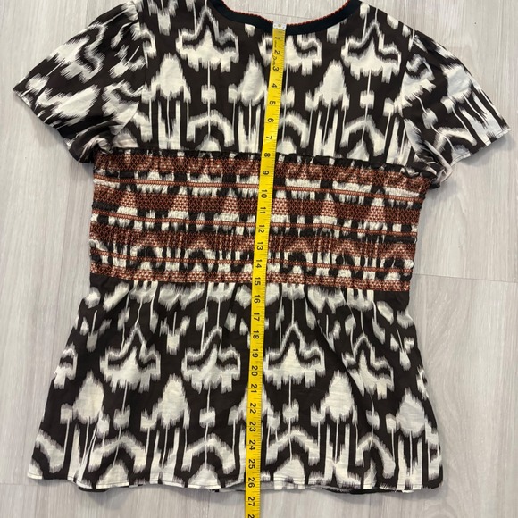 L.A. Blues Blouse Women Ikat Print Smocked Waist Black White Rust Boho Blouse L - Picture 9 of 12